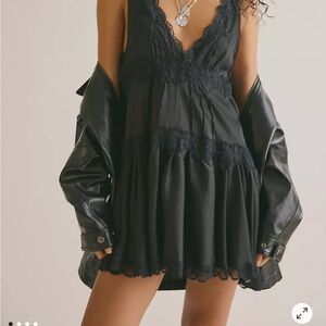 Free People Black Lace-Trim V-Neck Mini Slip Dress